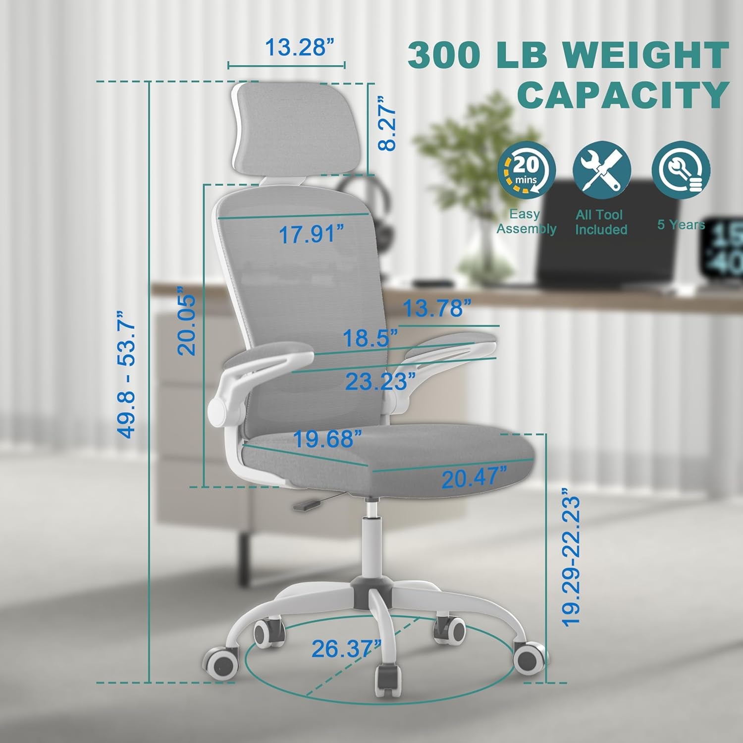Office Chair, High Back Ergonomic Desk Chair with Adjustable Lumbar Support and Headrest, Swivel Task Chair with Flip-Up Armrests for Guitar Playing