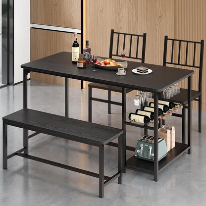 Dining Table Set for 4, 55" Small Kitchen Table with Wine Rack & Wine Glasses Holder, Dining Room Table Set with 2 Chairs and Bench for Small Space, Black