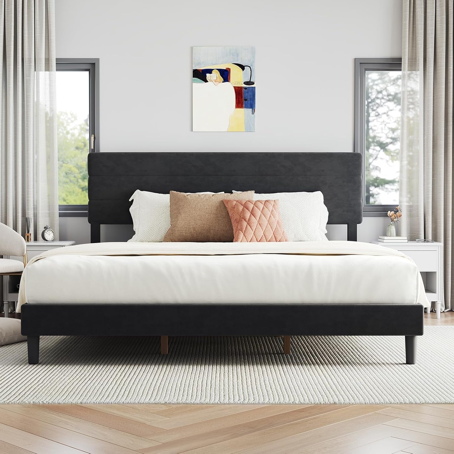King Bed Frame and Headboard, King Bed Frame, Velvet Upholstered Stripe Bed Frames, No Box Spring Needed, Heavy Duty Feet, Easy Assembly, Black Velvet
