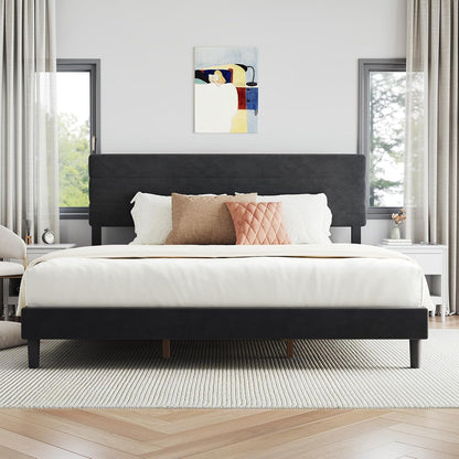 King Bed Frame and Headboard, King Bed Frame, Velvet Upholstered Stripe Bed Frames, No Box Spring Needed, Heavy Duty Feet, Easy Assembly, Black Velvet
