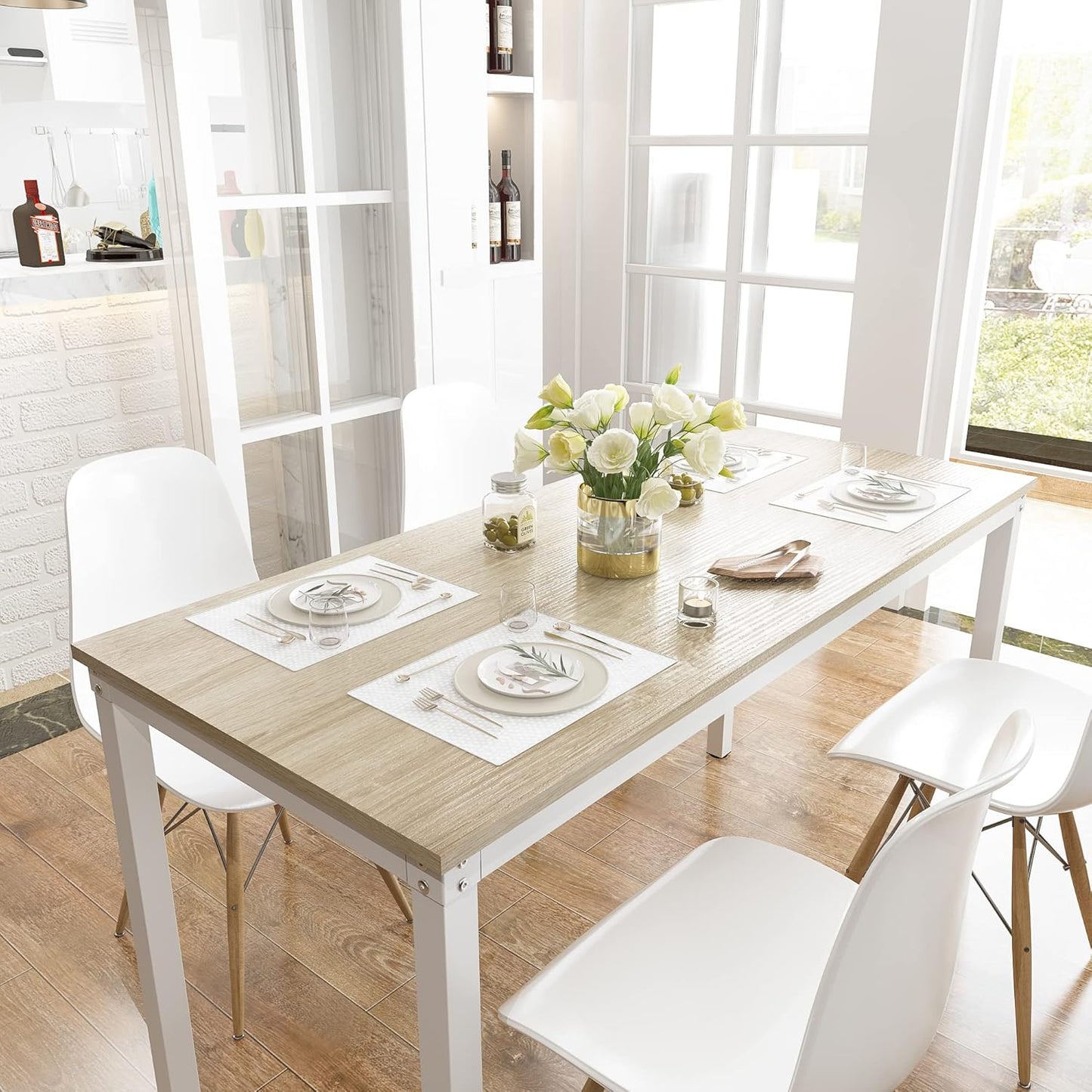 Computer Desk/Dining Table Office Desk Sturdy Writing Workstation for Home Office (47.24”, Beige + White Frame)