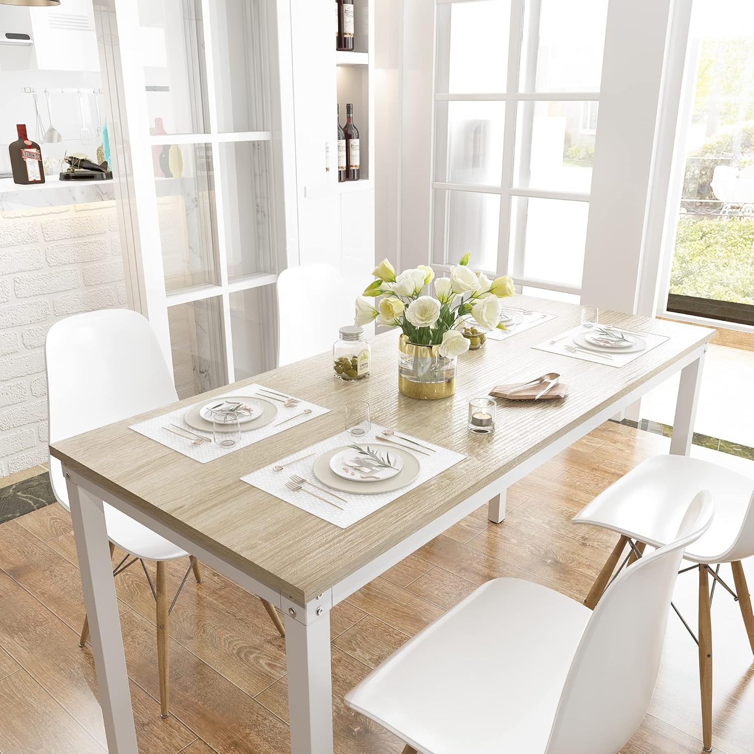 Computer Desk/Dining Table Office Desk Sturdy Writing Workstation for Home Office (47.24”, Beige + White Frame)