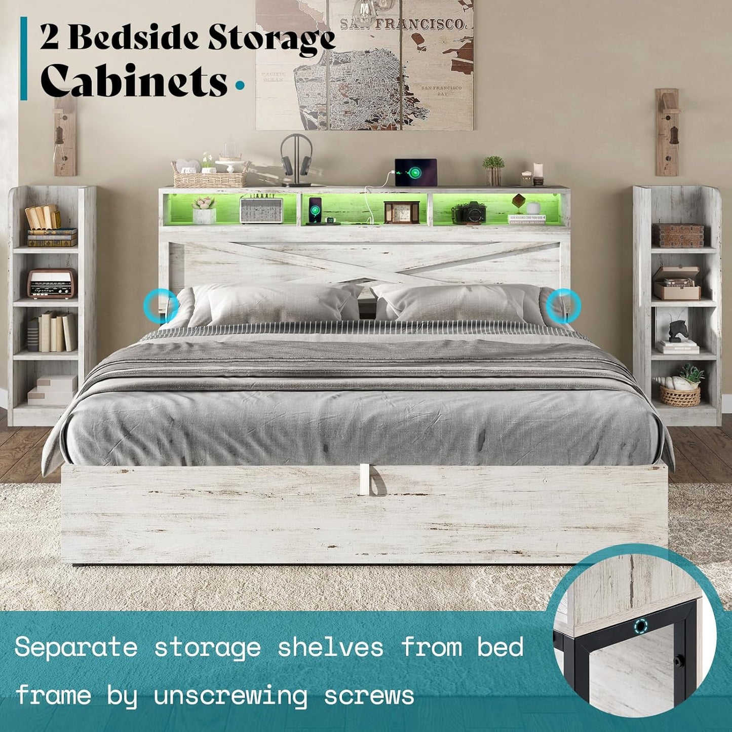 King Size Lift up Storage Bed Frame, 45.1" LED Bed Frame with 2 Side Shelves & Bookcase Headboard, Farmhouse Wood Platform Bed with Charging Station, No Box Spring Needed, Distressed White