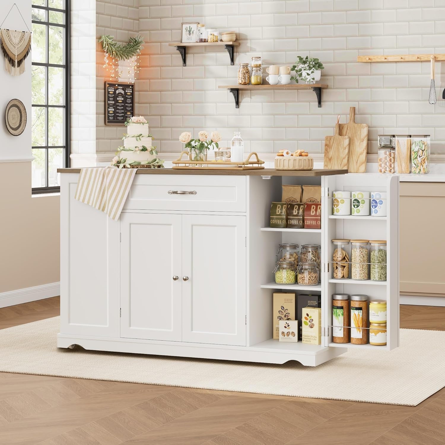 Kitchen Island Cart with Storage, 47'' Kitchen Storage Island on Wheels with 2 Drawers, Rolling Island Table with Adjustable Shelves, Mobile Buffet Sideboard Cabinet for Dining Room, White