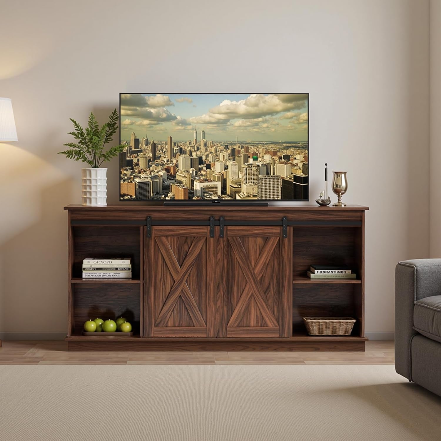 Farmhouse TV Stand 65 Inch for Living Room Bedroom Brown, Tall Entertainment Center with Storage Shelves, Media Console Cabinet with Wood Board, 300 LBS Capacity and Sliding Barn Door