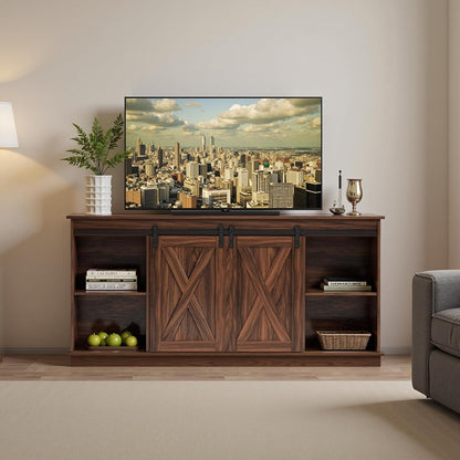 Farmhouse TV Stand 65 Inch for Living Room Bedroom Brown, Tall Entertainment Center with Storage Shelves, Media Console Cabinet with Wood Board, 300 LBS Capacity and Sliding Barn Door