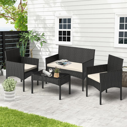 4 Pieces Patio Furniture Set, Outdoor Wicker Rattan Patio Conversation Furniture Set with Waterproof Cushion and Table for Lawn Backyard, Garden, Balcony, Porch and Poolside (Black)