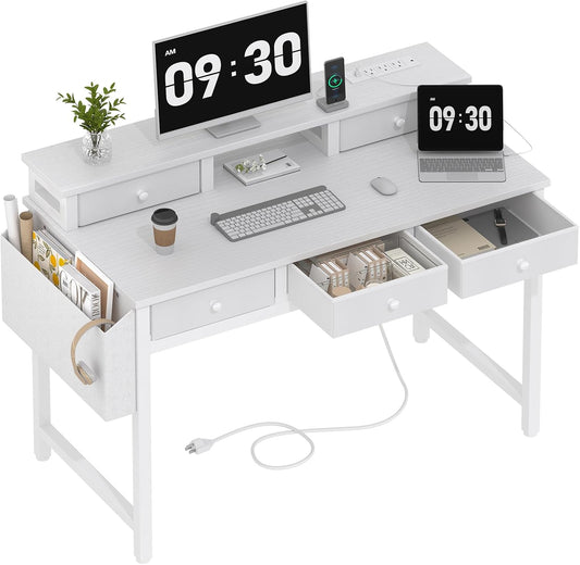 White Computer Desk with Fabric Drawers for Home Office, 40 Inch Vanity Makeup Desk with Drawers Storage for Bedroom, Writing Study Table with Power Outlet & Monitor Stand, White