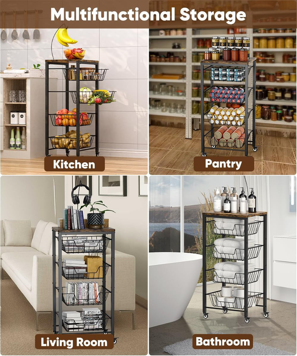 Fruit Vegetable Storage Cart for Kitchen, 5-Tier Vegetable Stand Rack with Pull-Out Fruit Baskets, Rolling Snack Cart with Wood Top & Banana Holder for Pantry, Living Room, Bathroom, Black