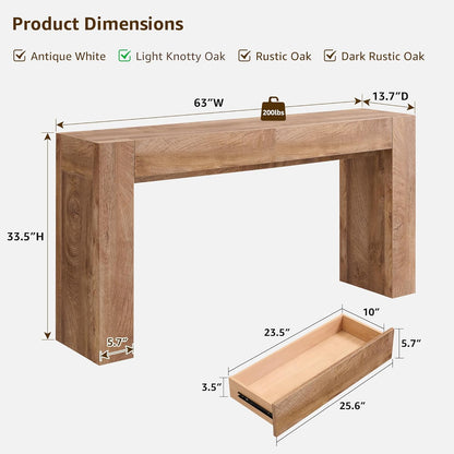 Modern Entryway Console Table, Sofa Table with Drawers, 63" Long Hall Table behind Couch, Thick Wood Design for Living Room, Hallway - Light Knotty Oak