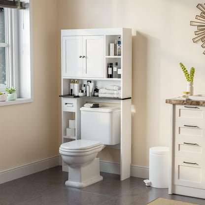 Over the Toilet Storage Cabinet with 7 Shelves, Imitation Walnut Grain above Toilet Bathroom Organizer with Toilet Paper Holder Stand, Space Saver for Restroom, Bathroom, Laundry (White)