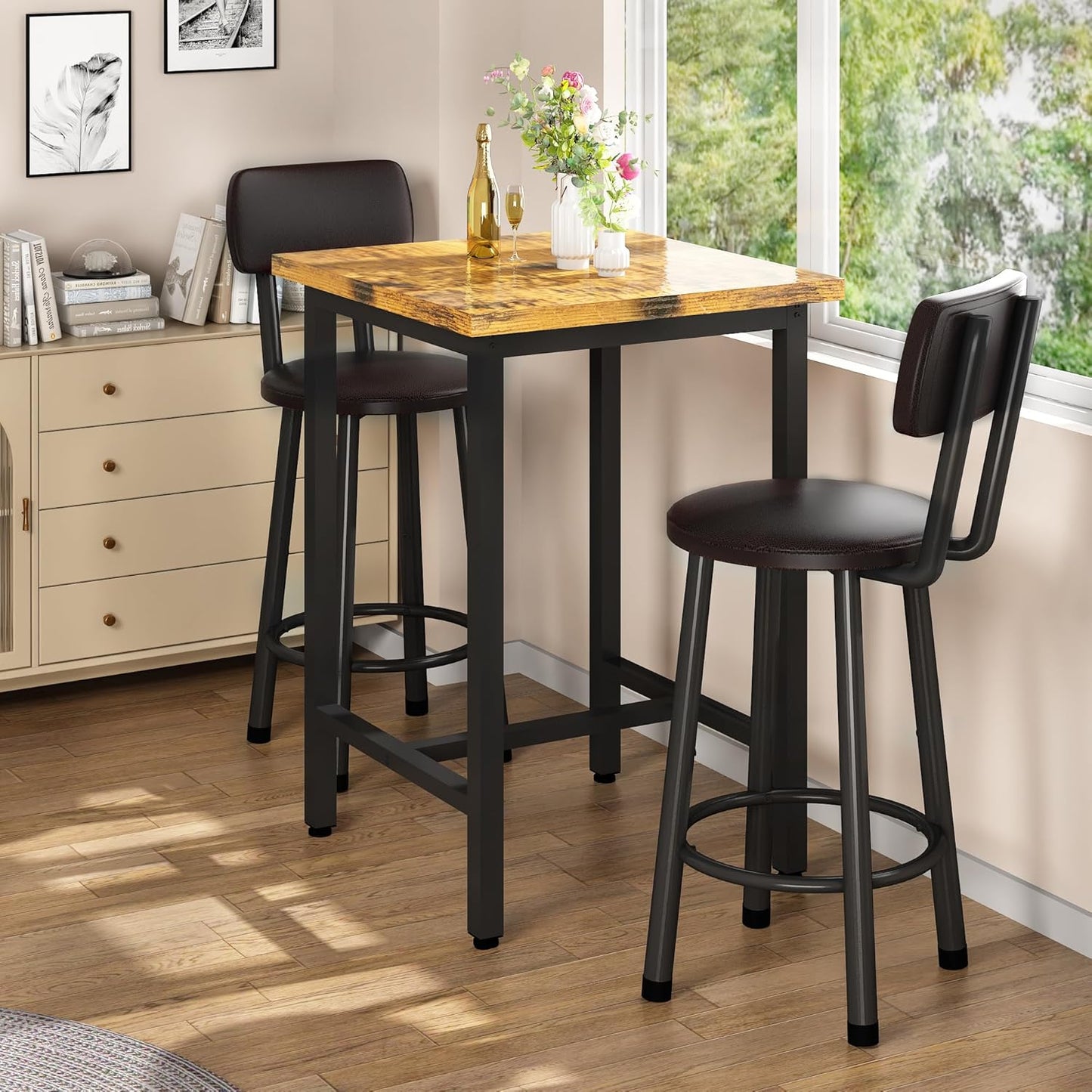 3 Piece Pub Dining Set, Modern Bar Table and Stools for 2 Kitchen Counter Height Wood Top Bistro Easy Assemble for Breakfast Nook Living Room Small Space Restaurant, Rustic Brown 24”