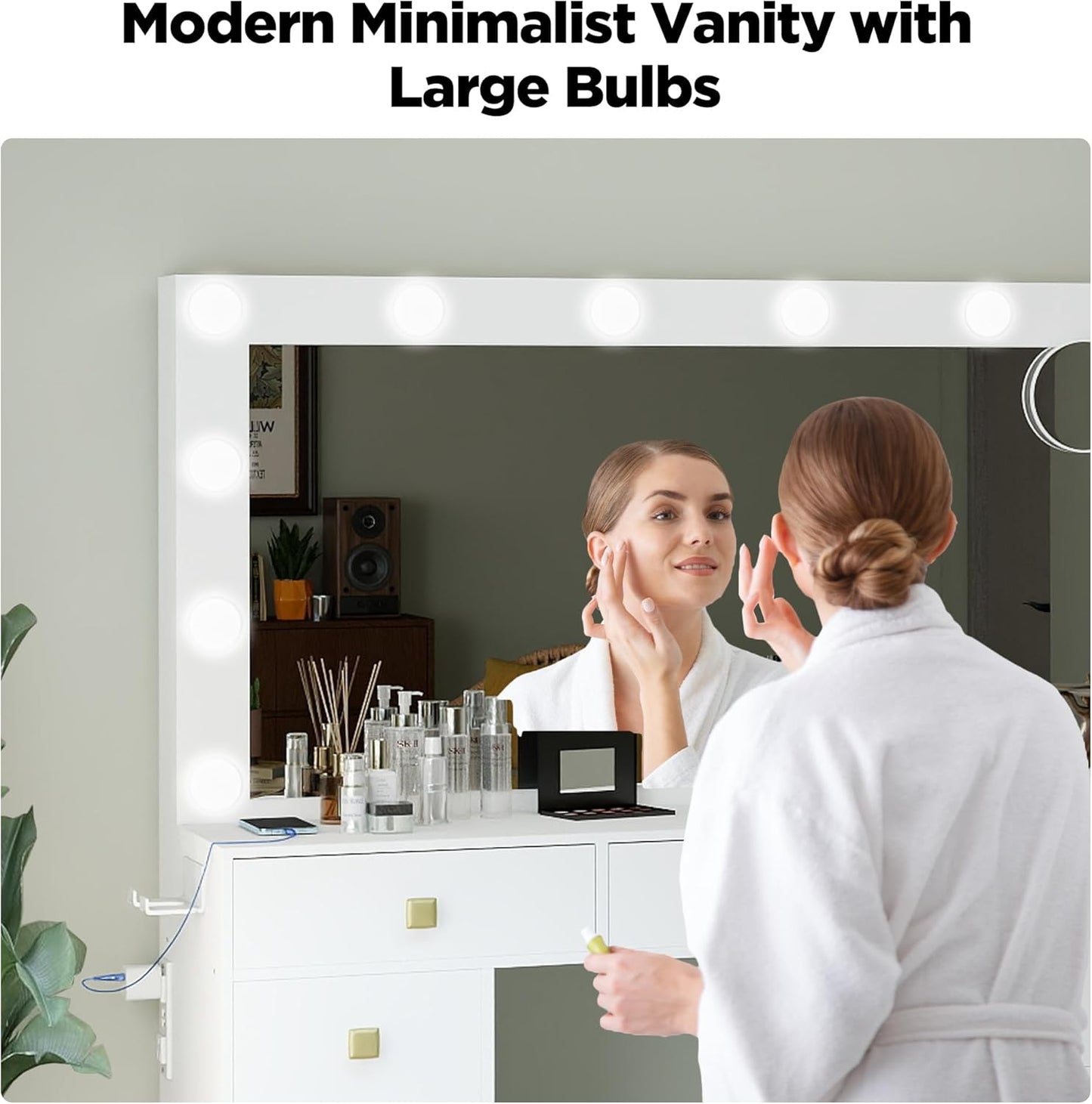 Makeup Vanity Desk with Lights, 41”Large Mirror, 12 Adjustable 3 Color LED Bulbs, 5 Drawers, Charging Outlet, Hairdryer Holder, Suitable for Girls' Makeup Vanity,White