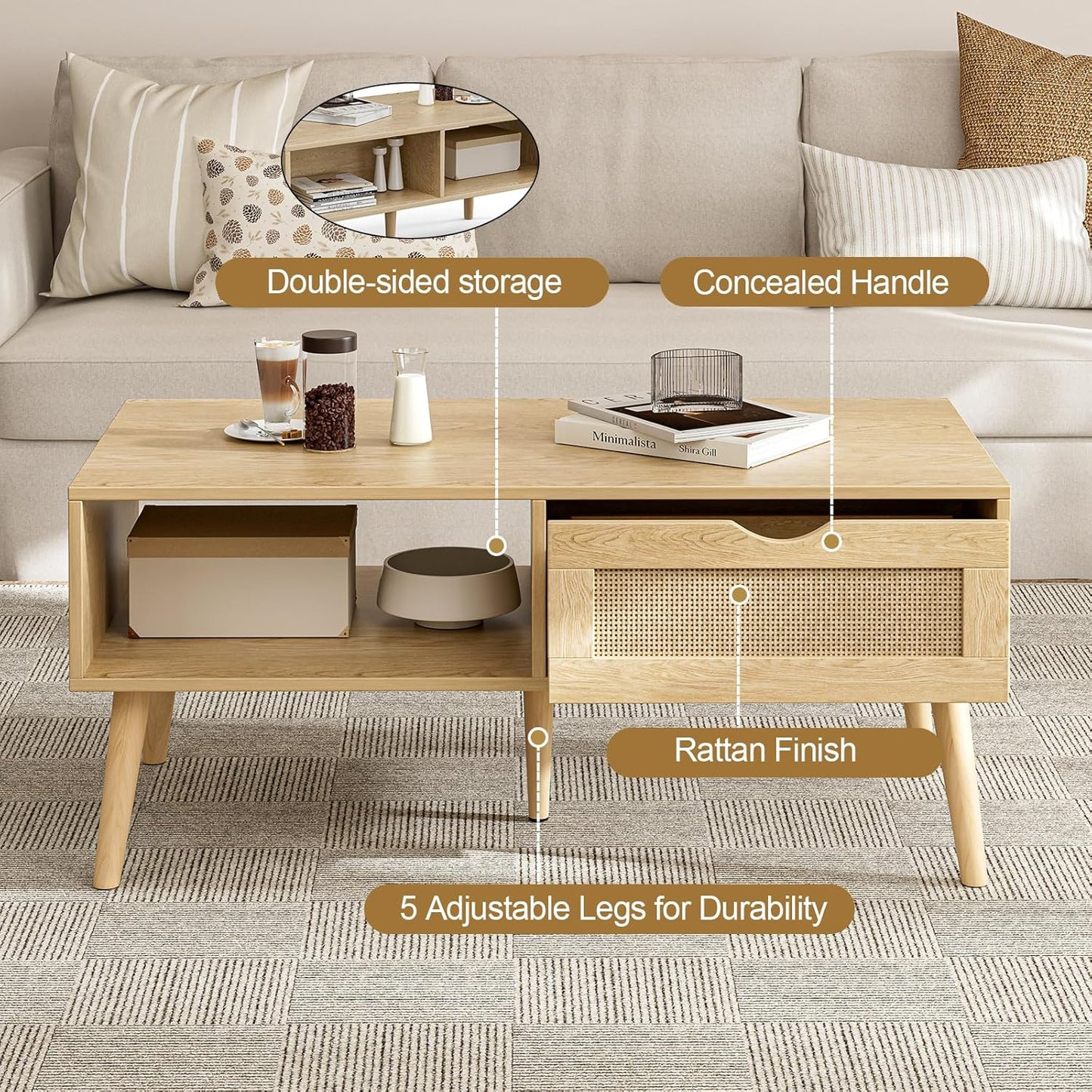 Coffee Table with Storage, Boho Dining Table with Rattan Drawer and Solid Wood Legs, Small Coffee Tables for Living Room, Oak
