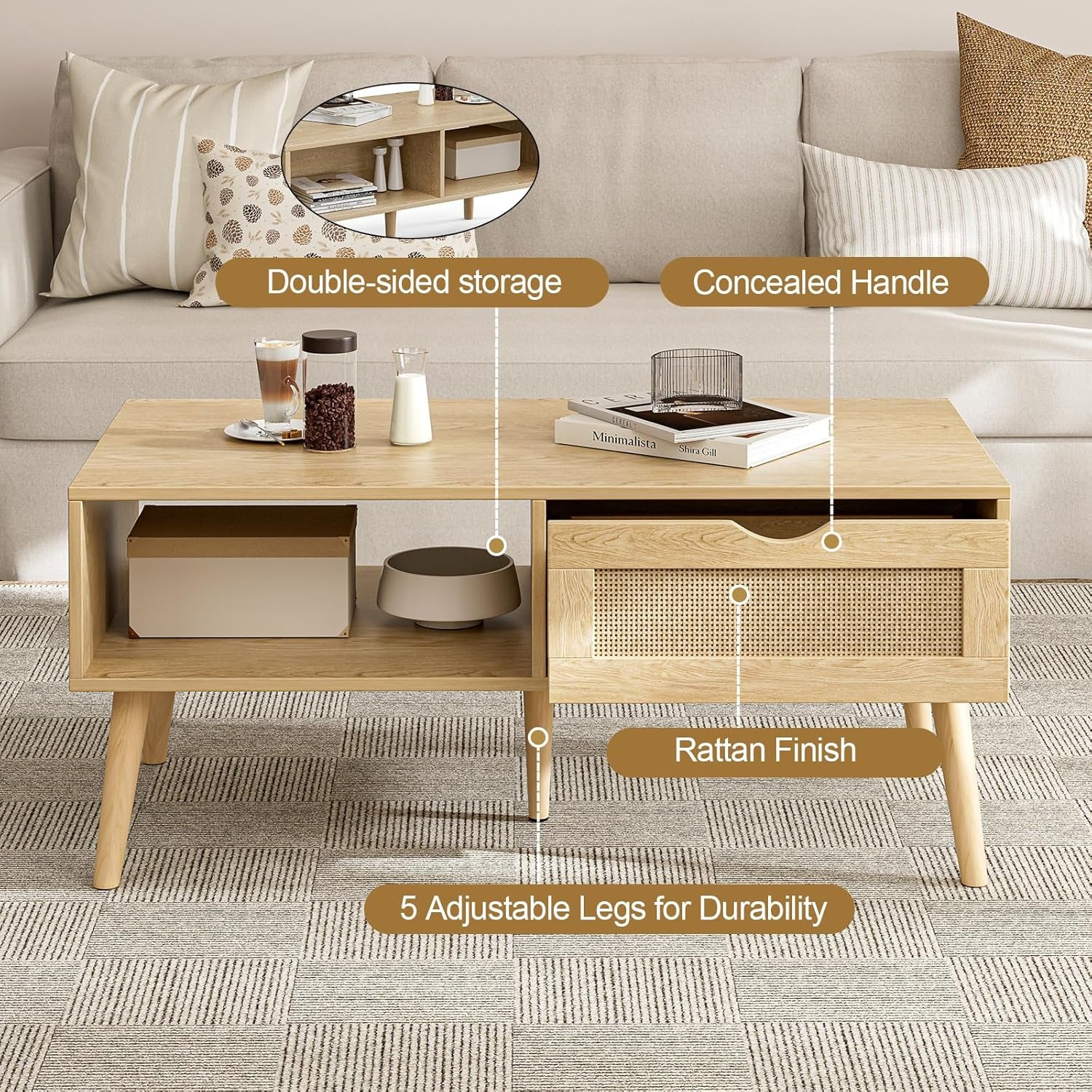 Coffee Table with Storage, Boho Dining Table with Rattan Drawer and Solid Wood Legs, Small Coffee Tables for Living Room, Oak