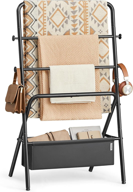 Freestanding Towel Rack, Foldable Blanket Holder, Towel Holder with 4 Hooks, Fabric Basket, 39 Inches High, for Bedroom, Living Room, Bathroom, Ink Black and Slate Gray ULLS020B01