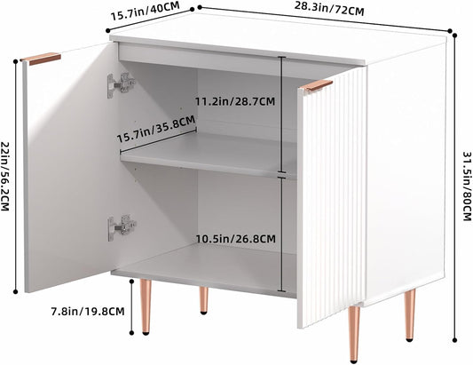 White Fluted Buffet Storage Cabinet,Wood Sideboard Buffet Cabinet with Adjustable Shelf & Rose Gold Colored Metal Legs, Accent Cabinet for Living Room,Kitchen, Assemble Easily
