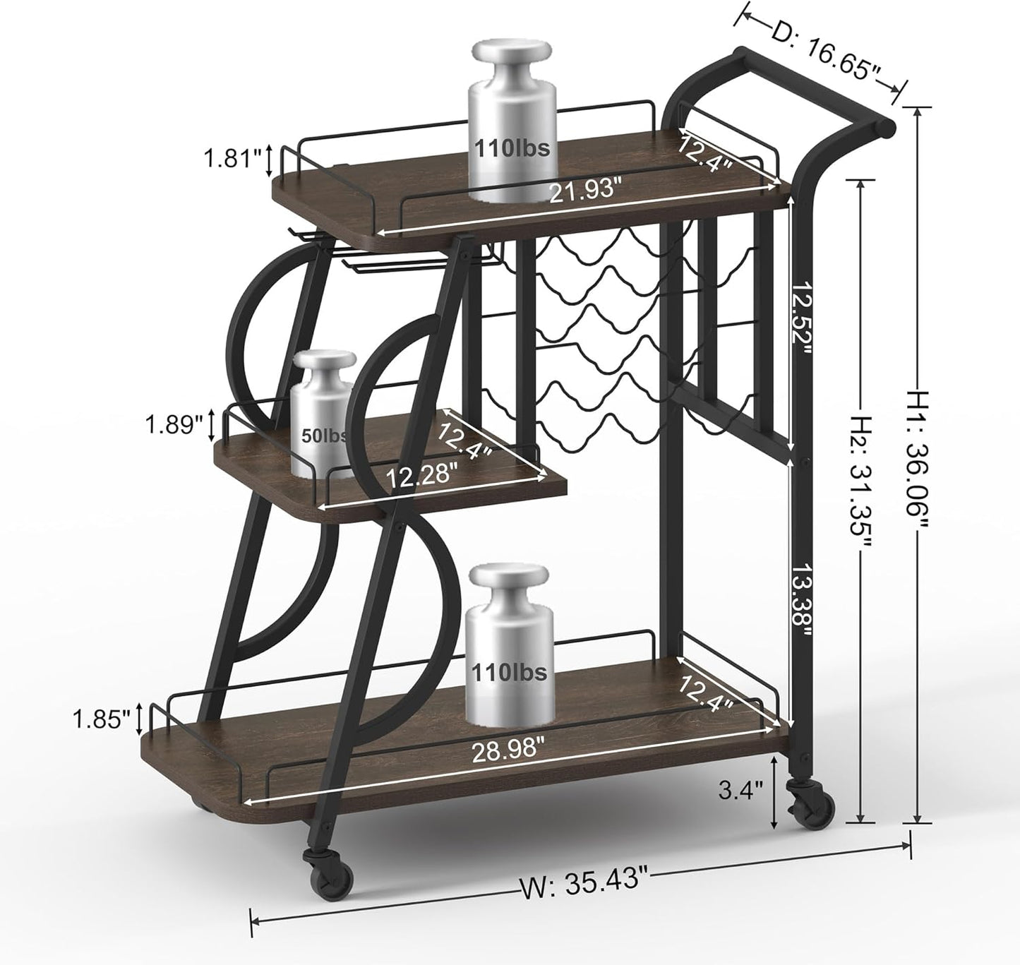 Rustic Bar Cart, 3 Tier Rolling Bar Carts for the Home, Industrial Home Serving Cart with Wine Glass Holder, Wood Metal Liquor Trolley, Mobile Beverage and Drink Carts (Walnut Brown)