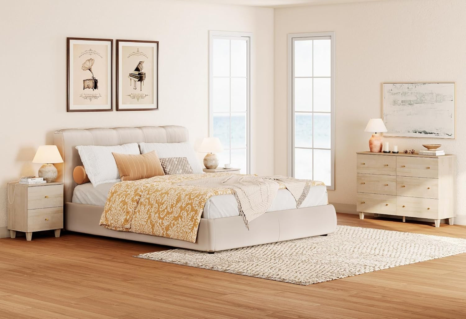 Dresser and Nightstand Set for Bedroom, 47.2 Inches Wood Dresser with 6 Drawers, 1 Piece Nightstand with Charging Station, Chest of Drawers and Bedside Table Set, Light Oak