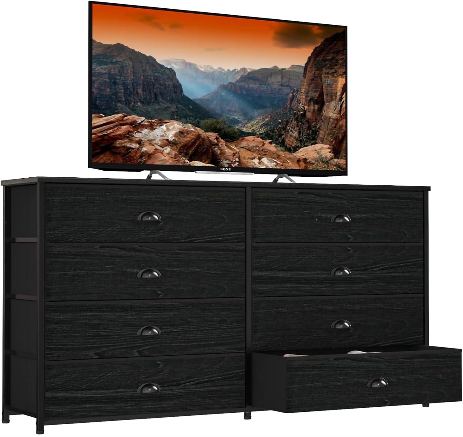 Wide Dresser with 8 Fabric Drawers, TV Entertainment Center with Storage for 55'' TV, Large Chest of Drawers for Bedroom, Living Room, Dorm, Closet, Entryway, Wood Top (Black Oak)