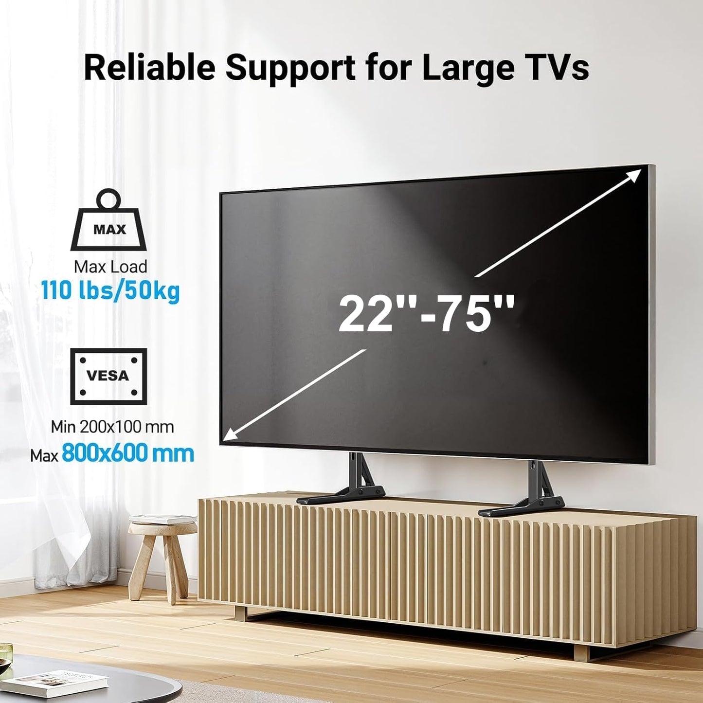 Universal TV Stand Mount for 22-75 Inch Tvs, Height Adjustable Table Top TV Stand, Great Load-Bearing Replacement TV Legs with Tempered Glass Holds up to 110Lbs, Max VESA 800 X 600Mm