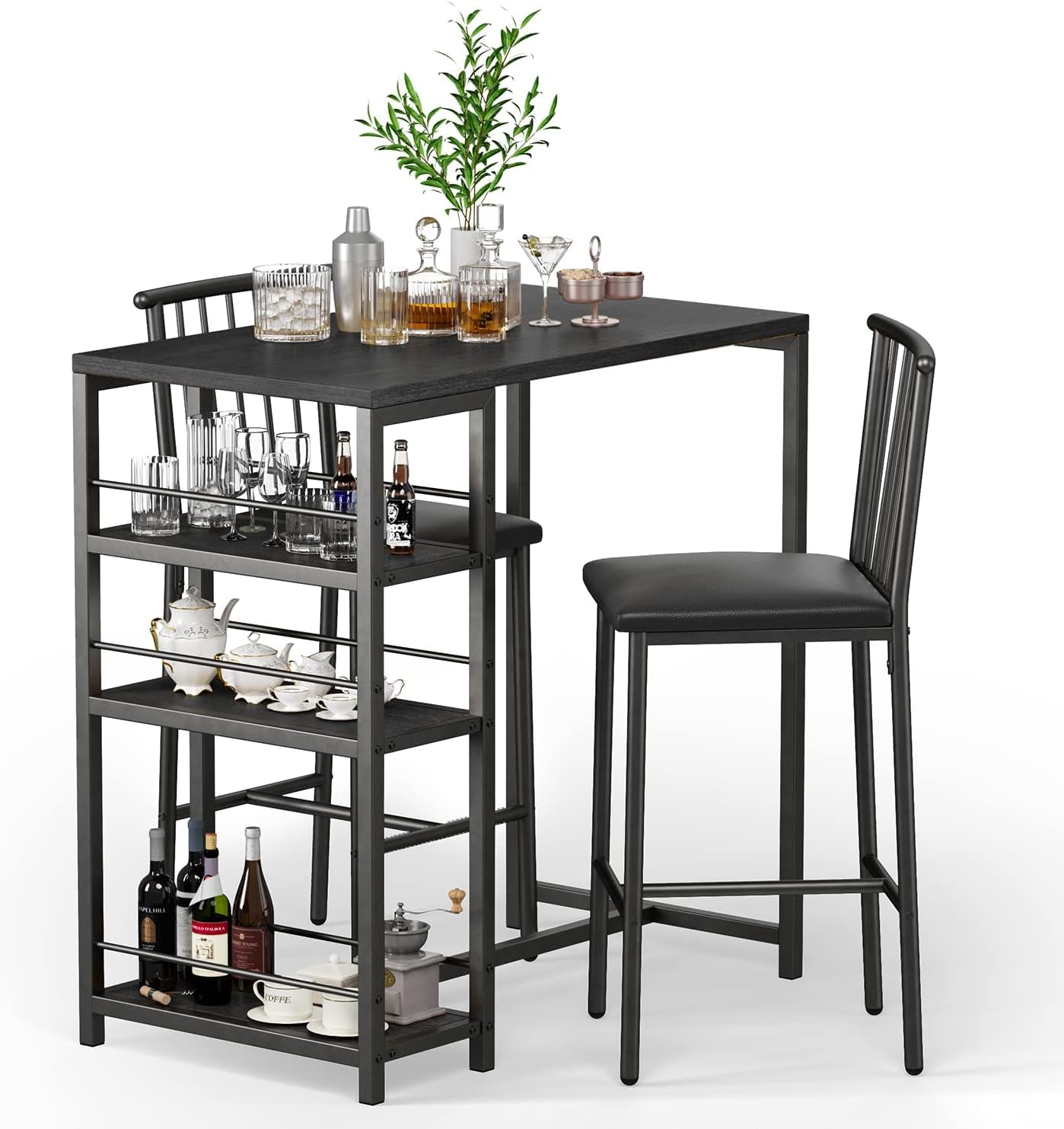 Dining Table Set for 2 with 3 Storage Shelves, Kitchen Table and Chairs for 2 with Pu Cushion Chairs & Thick Wood Top, 3 Piece Dining Table Set for Small Space, Apartment - Black