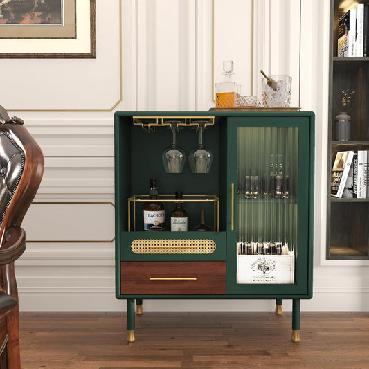 Modern Coffee Bar Cabinet with Wine Glass Rack and Drawers, Green Liquor Cabinet with Pull-Out Wine Storage for Kitchen, Dining Room, Living Room