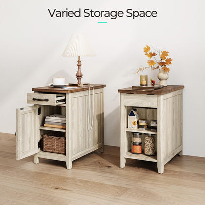 Farmhouse End Table with Charging Station, Narrow Side Table for Living Room, Sofa Side Table with Drawer and Storage Cabinet, Small Nightstand for Home Office