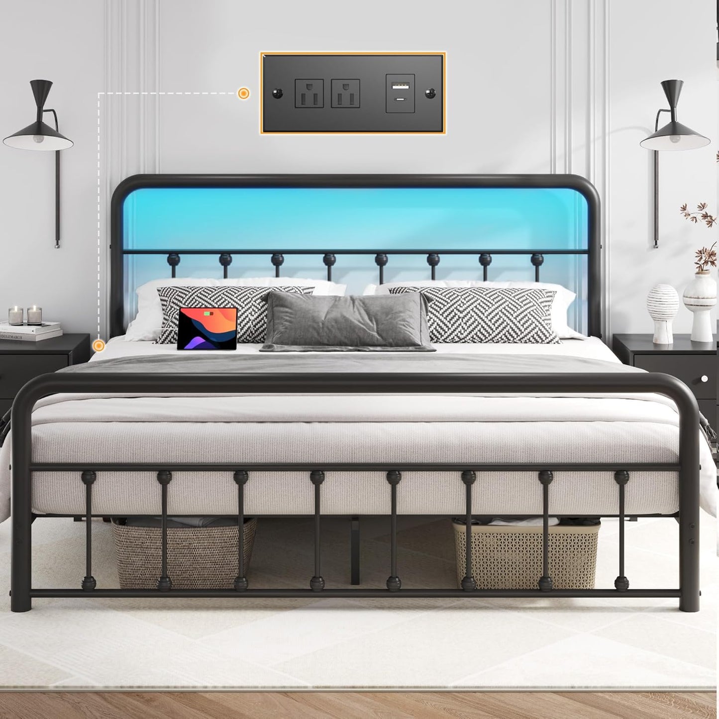 14 Inch Queen Bed Frame Classic Metal Platform Bed Frame with Charging Station & LED, Victorian Style Iron-Art Headboard/Footboard, under Bed Storage, No Box Spring Needed, Noise Free