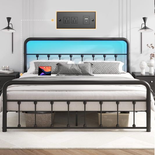 14 Inch Queen Bed Frame Classic Metal Platform Bed Frame with Charging Station & LED, Victorian Style Iron-Art Headboard/Footboard, under Bed Storage, No Box Spring Needed, Noise Free