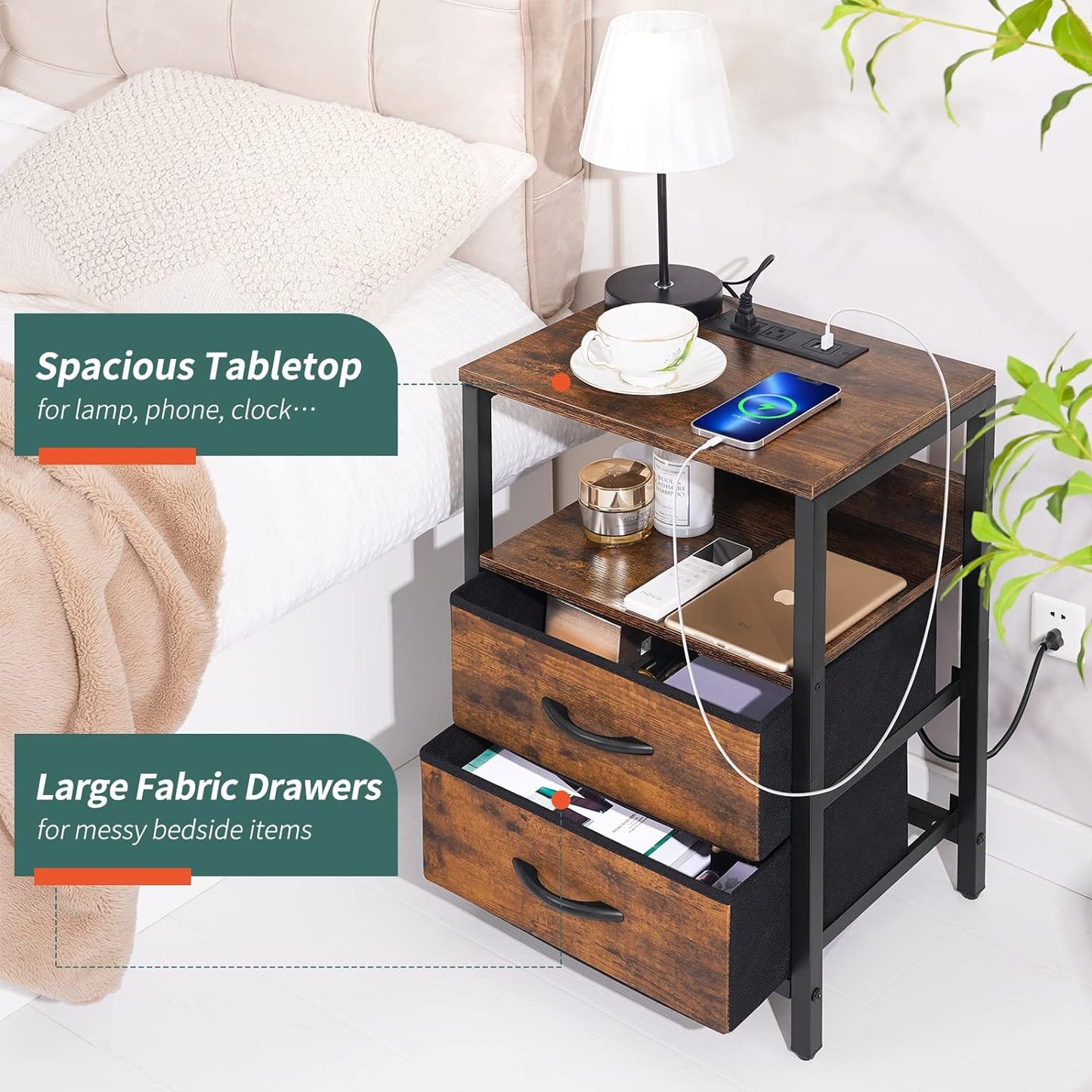 Nightstand with Charging Station, Small Night Stand with Fabric Drawers and Storage Shelf for Bedrooms, Small Spaces, Bedside Table with USB Ports & Outlets
