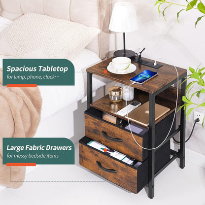 Nightstand with Charging Station, Small Night Stand with Fabric Drawers and Storage Shelf for Bedrooms, Small Spaces, Bedside Table with USB Ports & Outlets