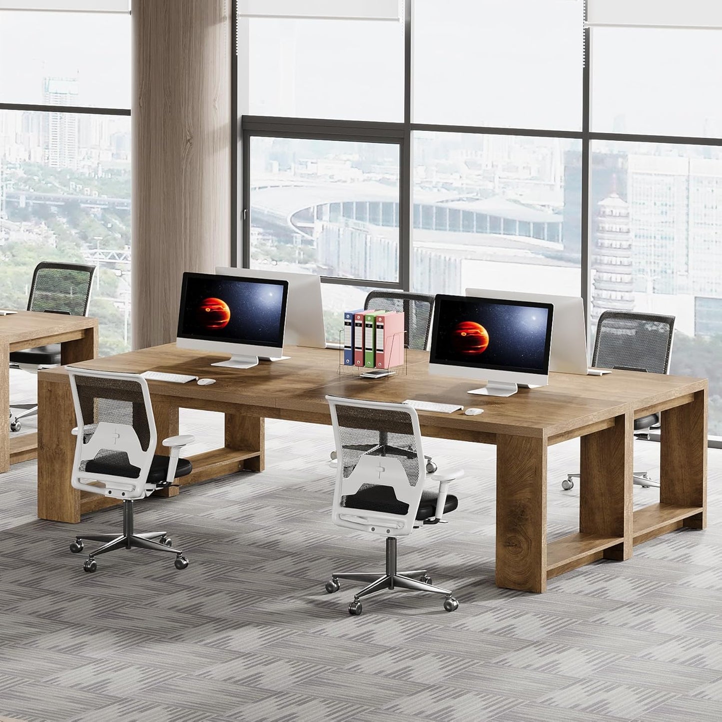 Two Person Desk, 86.6 Inches Extra Long Desk, Double Computer Writing Table, Wood Large Desks Workstation for Home Office, Natural Wood