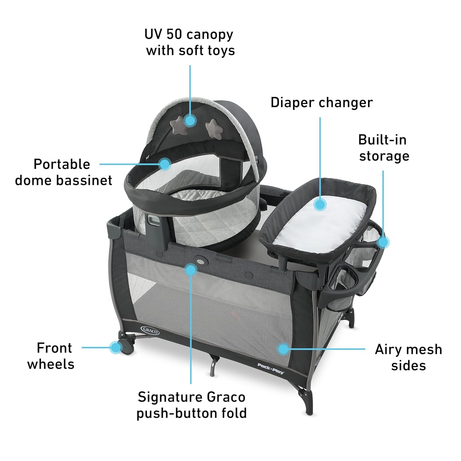 Graco® Pack N Play Dome LX Playard with Baby Bassinet Lightweight Portable Crib Push-Button Fold Travel Crib Redmond Convertible