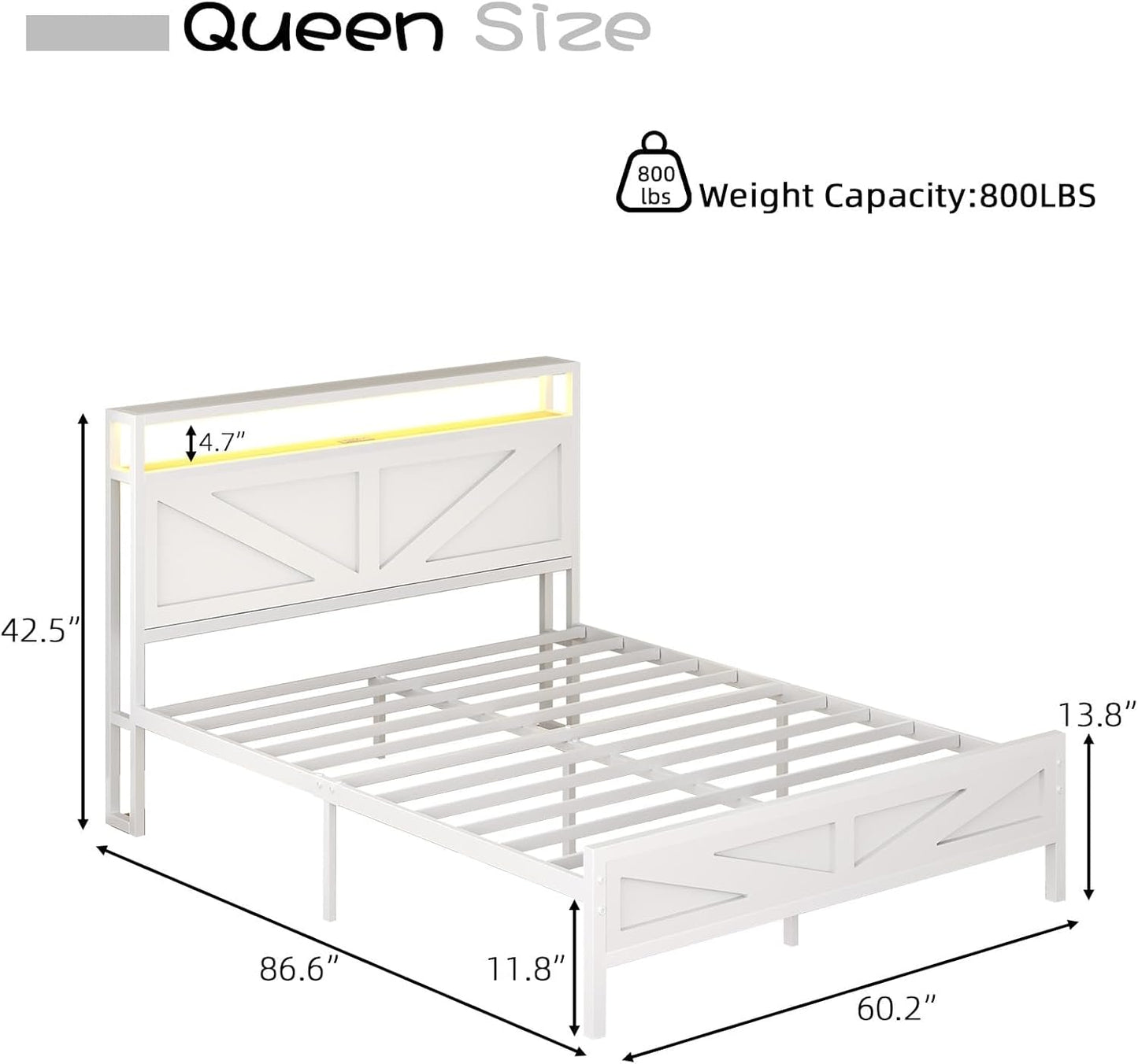 Queen Bed Frame with Headboard, Queen Bed Frames with Outlets and LED Lights, Rustic Bed Frame with Storage Headboard, Farmhouse Barn Door Design, Noise Free, No Box Spring Needed, White