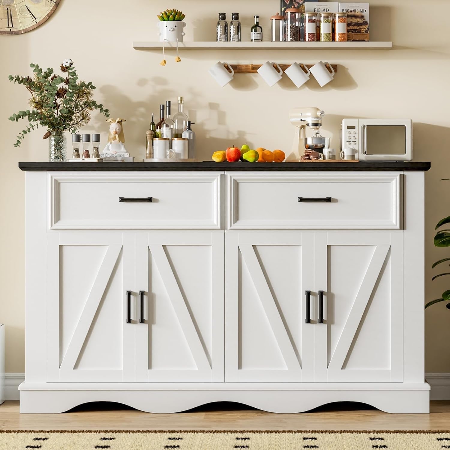 56" Modern Farmhouse Sideboard Buffet Cabinet with 4 Doors and 2 Drawers, Kitchen Storage Cabinet with Adjustable Shelves, Coffee Bar with Charging Station for Living Room, White