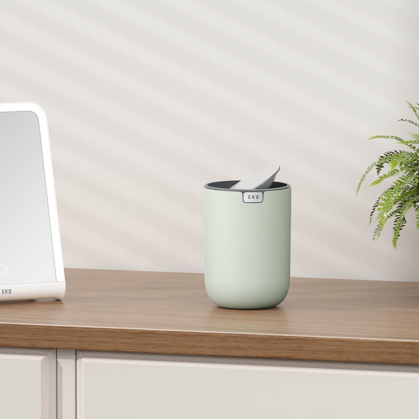 Mini Desk Trash Can with Swing-Top Lid 0.4 Gallon Small Table round Wastebasket for Office, Home, Car (Sage)