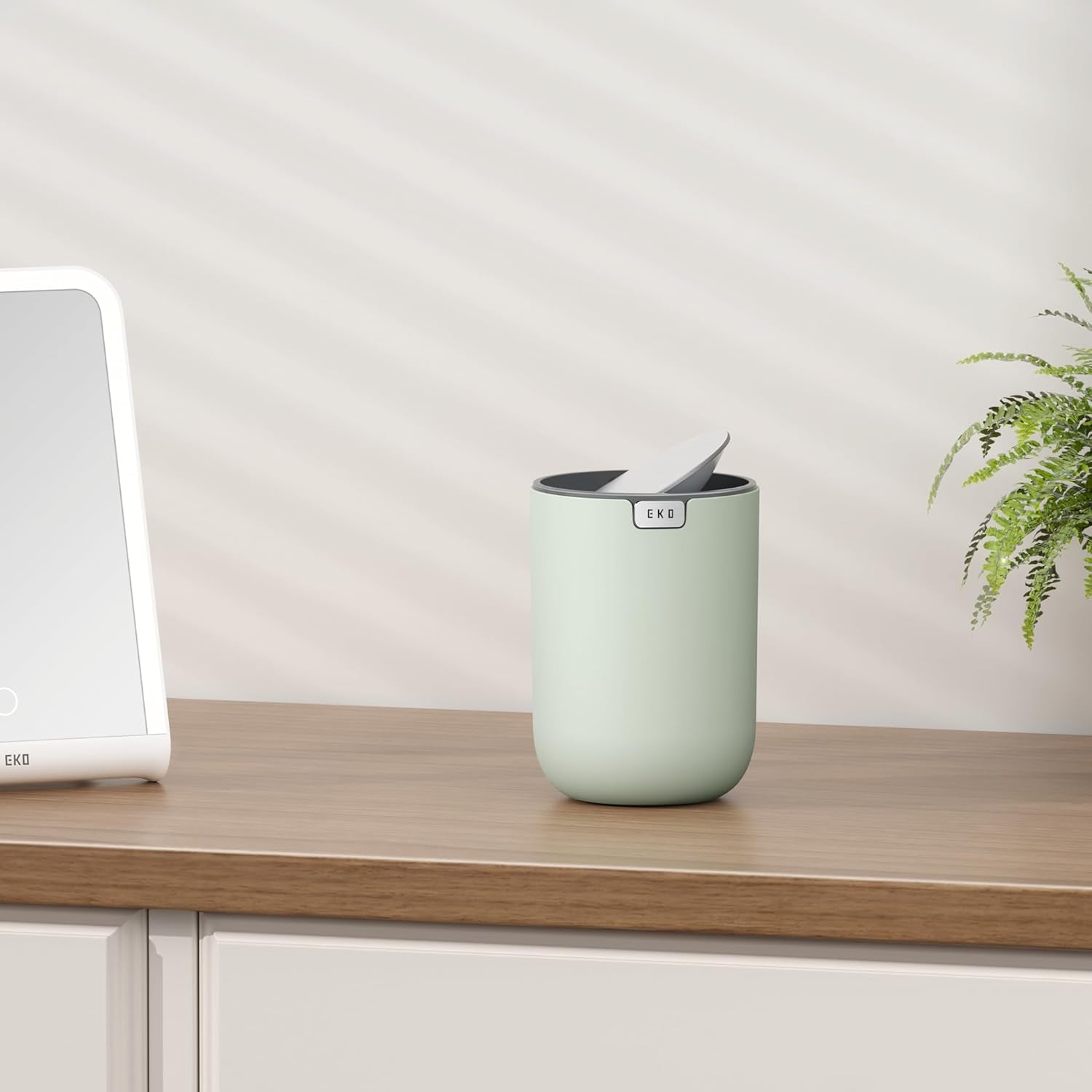 Mini Desk Trash Can with Swing-Top Lid 0.4 Gallon Small Table round Wastebasket for Office, Home, Car (Sage)