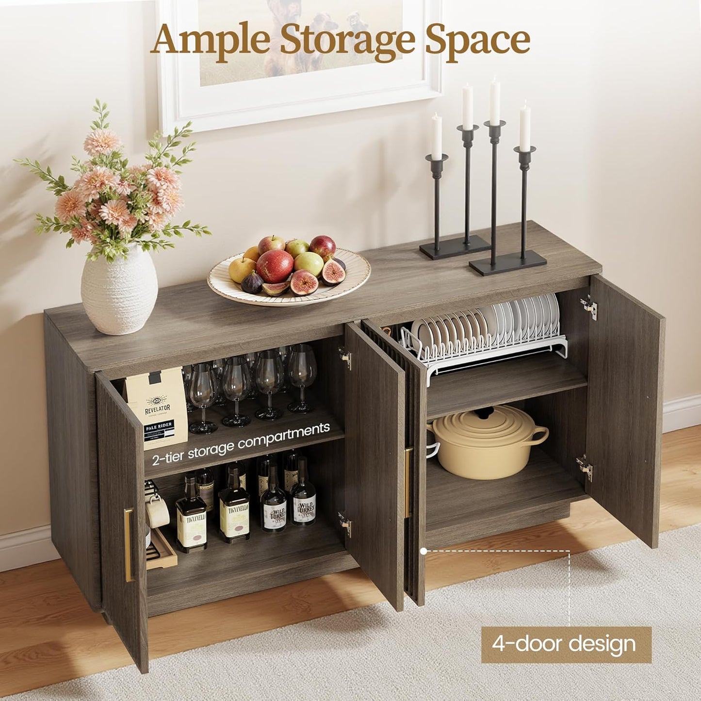 55" Modern Fluted Sideboard Buffet Cabinet, Space-Saving Storage Credenza for Home Coffee Bar, 4-Door Accent Furniture with Adjustable Shelves for Clutter-Free Living (Brown Gray)