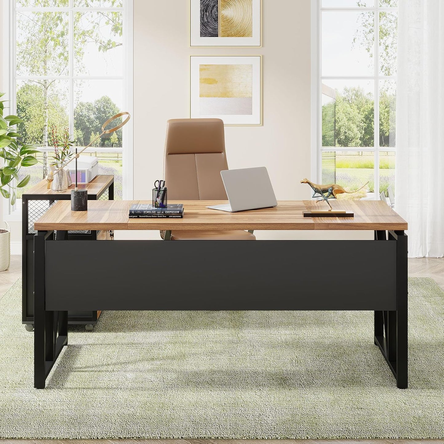 63" Executive with Drawer Cabinet, L Shaped Desk and Lock Lateral File Cabinet, 2 Piece Home Office Furniture Set with Drawers for Hanging File, (Brown, 63 Inches)