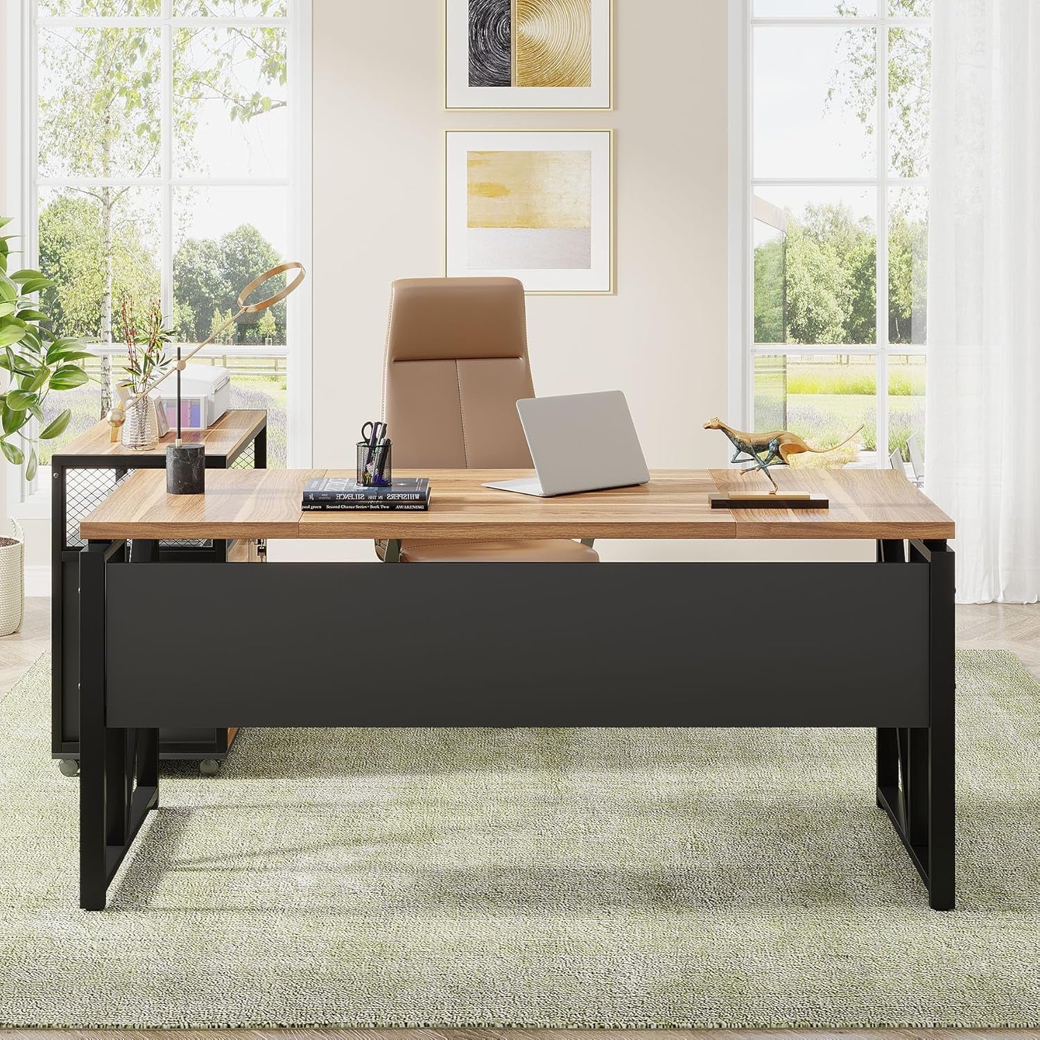 63" Executive with Drawer Cabinet, L Shaped Desk and Lock Lateral File Cabinet, 2 Piece Home Office Furniture Set with Drawers for Hanging File, (Brown, 63 Inches)