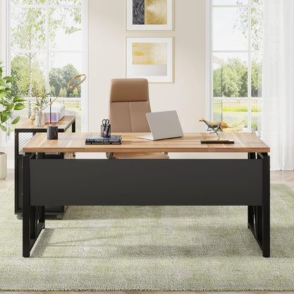 63" Executive with Drawer Cabinet, L Shaped Desk and Lock Lateral File Cabinet, 2 Piece Home Office Furniture Set with Drawers for Hanging File, (Brown, 63 Inches)