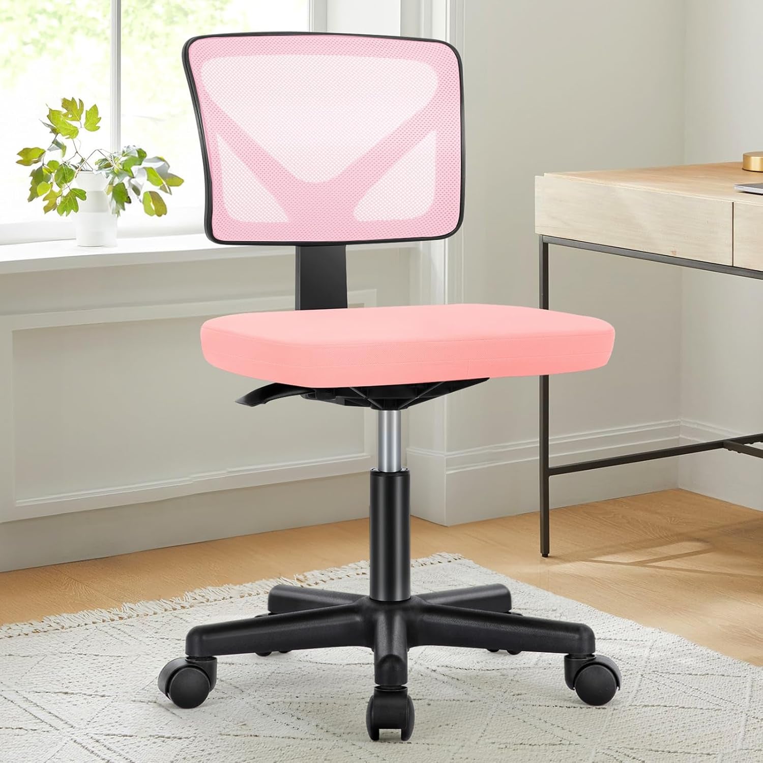 Armless Office Chairs with Wheels Cute Home Desk Chair No Arms, Ergonomic Adjustable Swivel Rolling Task Chair, Comfy Mesh Mid Back Computer Work Vanity Chair for Small Spaces, Hot Pink