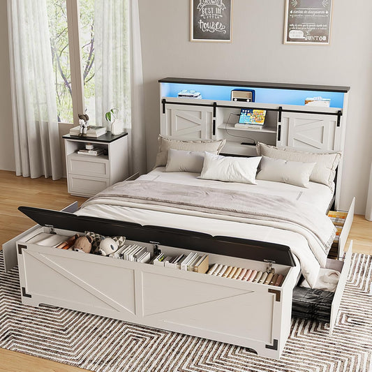Farmhouse Queen Size Bed Frame with Headboard and Storage Ottoman, Sliding Barn Door & 4 Drawers, LED Lights and Charging Station, No Box Spring Needed, Antique White