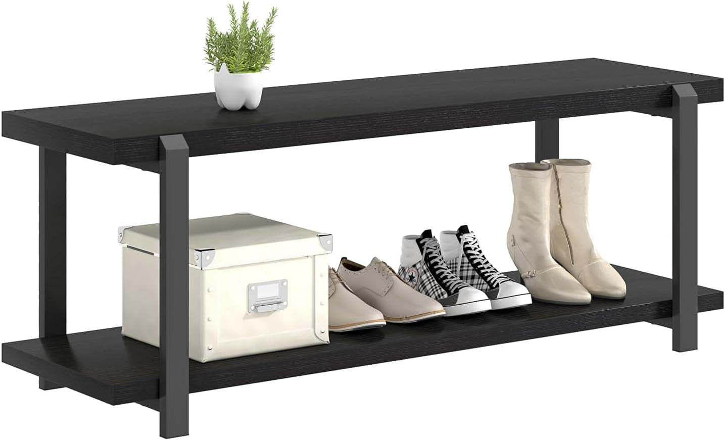 Entryway Bench, Modern Wood and Metal Storage Bench for Hallway, Industrial Indoor Shoe Rack Bench Seat for Living Room Bedroom, Black Oak 47 Inch Long
