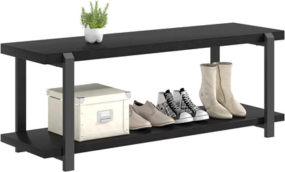 Entryway Bench, Modern Wood and Metal Storage Bench for Hallway, Industrial Indoor Shoe Rack Bench Seat for Living Room Bedroom, Black Oak 47 Inch Long