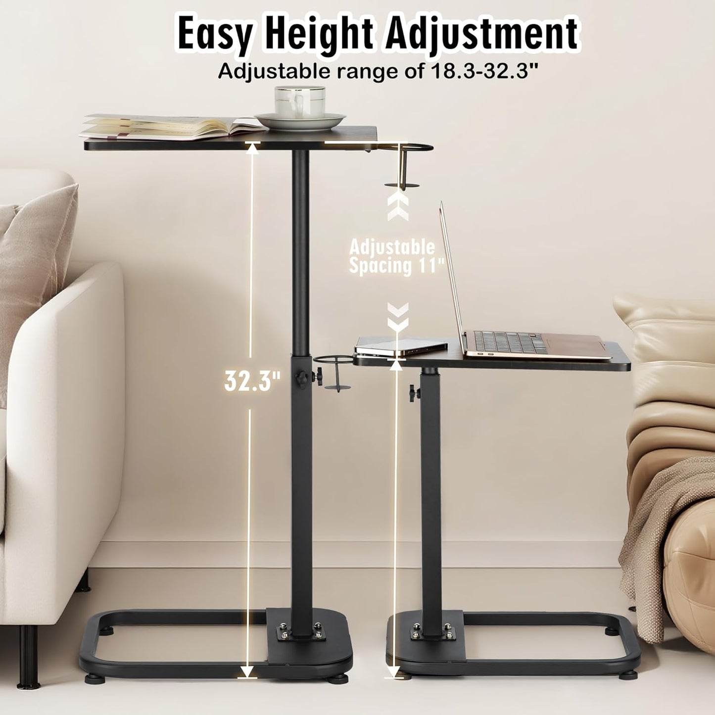 Adjustable TV Tray Table with Rounded Metal Corners, C-Shaped Snack Table for Couch, Sofa, Bed or Chair, Small Space Side Table for Eating, Dinner, or Laptop Use