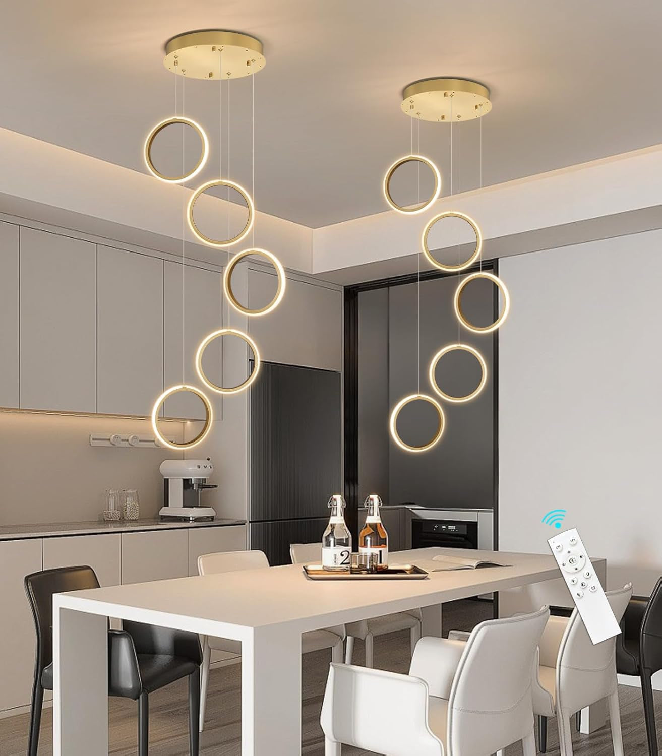5 Rings Modern LED Chandelier Dimmable Dining Room Light Fixture with Remote 45W Gold Pendant Light for Living Room Foyer