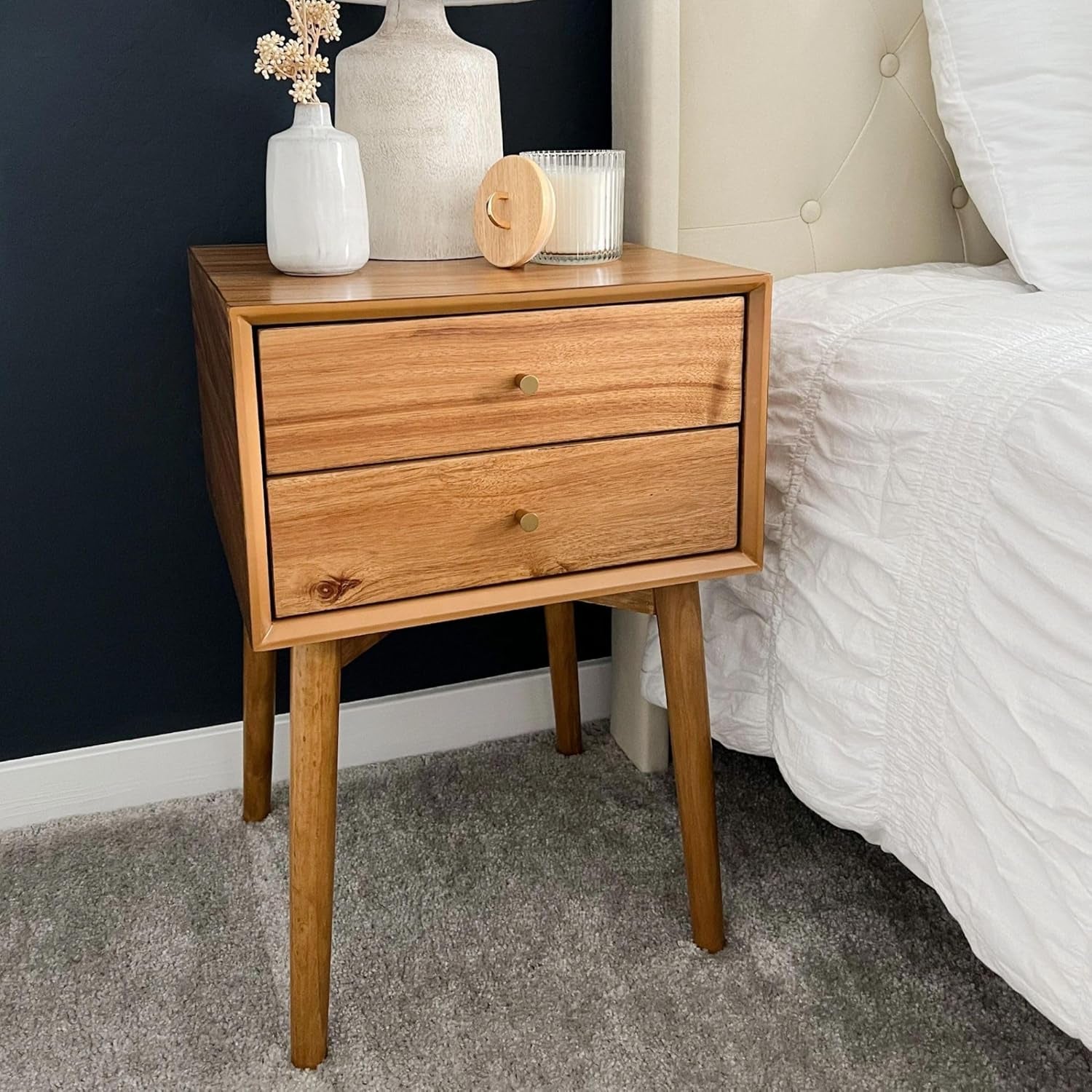 32704 Harper Mid-Century Oak Wood Nightstand with 2-Drawers, Small Side End Table with Storage, Brown