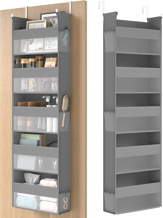 over the Door Organizer, Hanging Door Organizer with 5 Large Pockets, 5-Tier Fabric Storage, Transparent Nylon Mesh, Foldable, Metal Hooks, with Side Pouches, Dove Gray URDH007G01